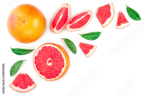 Grapefruit and slices with leaves isolated on white background with copy space for your text. Top view. Flat lay pattern