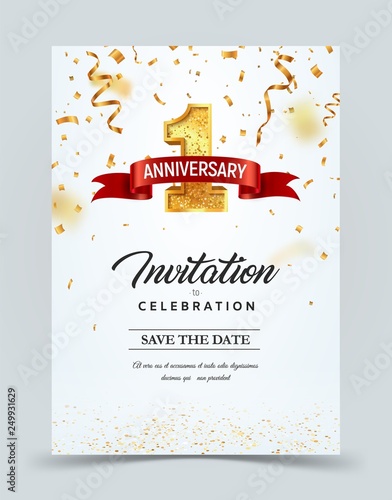 Invitation card template to the day of the 1 anniversary with abstract text vector illustration. Golden number 1 with red ribbon on falling down confetti background. Greeting card template