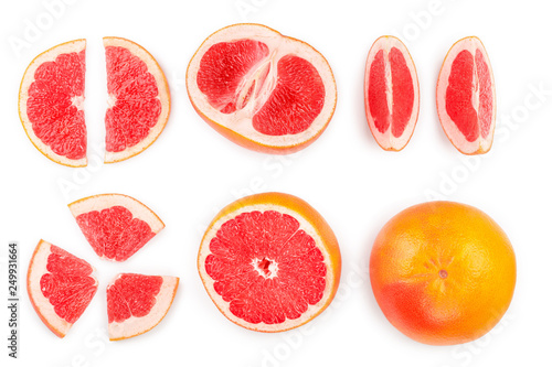 Grapefruit and slices isolated on white background. Top view. Flat lay pattern. Set or collection