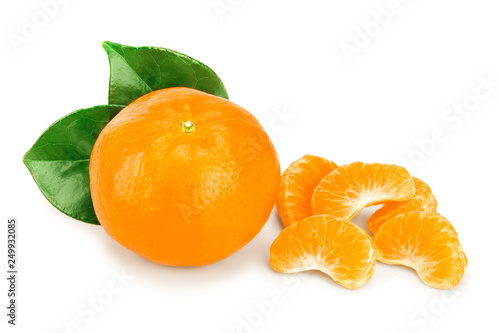 tangerine or mandarin fruit with leaves isolated on white background