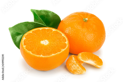 orange fruit half with leaves isolated on white background