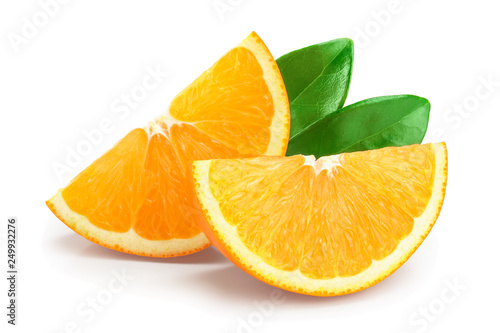 orange fruit slice with leaves isolated on white background
