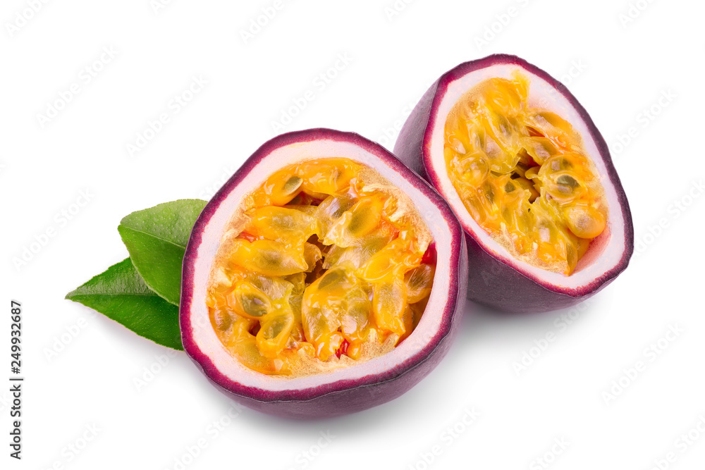 half of passion fruits with leaves isolated on white background. Isolated maracuya half of passion fruits with leaves isolated on white background. Isolated maracuya
