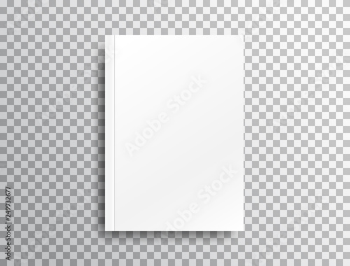 Blank mockup with shadow on transparent background. White realistic brochure A4 for presentation. Notebook with place for text. Closed vertical book, magazine mockup with top view. Vector illustration photo