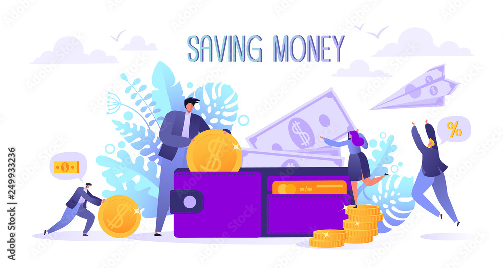Business and finance, saving money theme. Concepy of career, salary, earnings profit. Flat business man character collecting money into the wallet. Business people, collecting coins.