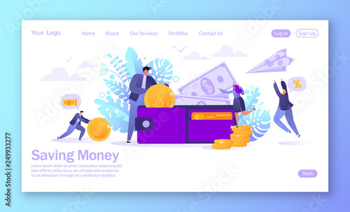 Concept of landing page on business and finance, saving money theme. Career, salary, earnings profit. Flat characters collecting money into the wallet.Saving money concept for mobilewebsite, web page. photo