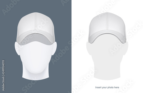 Baseball cap at head mannequin. Man Avatar in headgear. Clothes design. Trendy wear. Sports clothes. View hat. Face look. Isolated white background. Eps10 vector illustration.