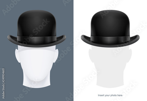 Vintage classic bowler hat at manikin. Stylish headgear for gentleman. Retro wear accessory. Male fashion. Trendy clothes. Face avatar. Isolated white background. Eps10 vector illustration.