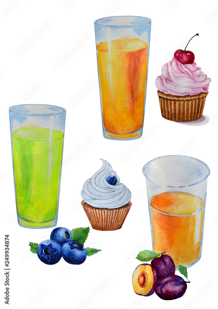 Watercolor painting glass with fruit juice, muffins and fruit . Hand drawn  illustration in isolation on white background . Wallpaper, fabric design,  set. Stock Illustration | Adobe Stock