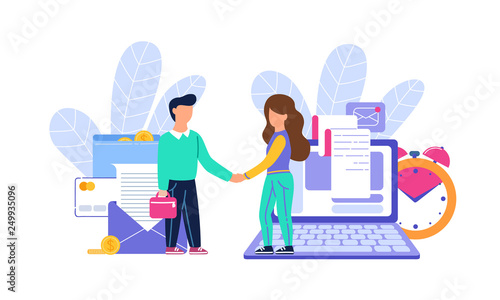 Agreement between two people. People agreed to cooperate. People shake hands. Concept vector illustration