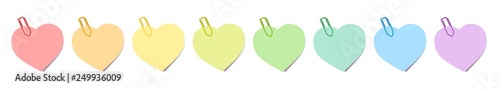 Heart shaped colorful notes with colored paper clips. Isolated vector illustration over white background.