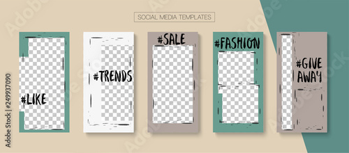 Editable Stories Minimal Vector Layout. Social Media Like and Share, Trends, Sale -50 Photo Frames Kit. Sale Insta Stories Layout
