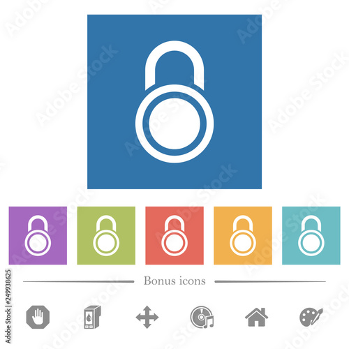 Locked round padlock flat white icons in square backgrounds