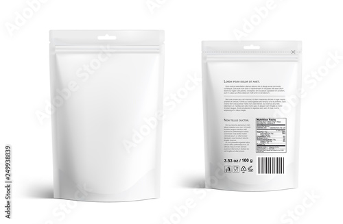 Pouch bags mockup isolated on white background. Vector illustration. Front and rear views. Can be use for template your design, presentation, promo, ad. EPS10.	