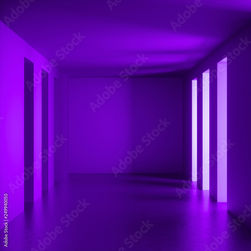 3d render  wide abstract background  empty room  violet walls  ultraviolet light  tunnel with no exit  illuminated corridor  virtual reality interior  daylight  minimalistic space