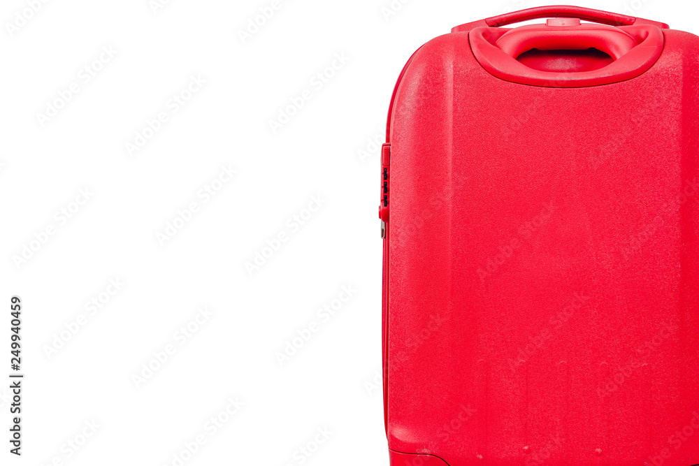 A red travel suitcase on wheels, isolated on a white background. Travel concept, packing up before departure. Preparing for travel, going on vacation, break, rest.