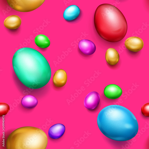 Seamless pattern of realistic colored Easter eggs with shadows on pink background