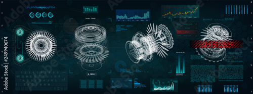 Mechanical scheme HUD style. Futuristic interface with circles and geometric parts of the mechanism. Jet engine, blueprints parts, x ray mechanisms, hologram.  Future design engineering design HUD