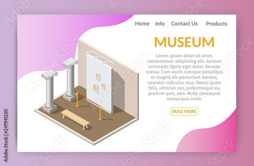Isometric low poly museum interior vector 3d horizontal banner