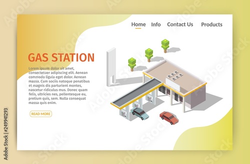 Isometric Gas filling station Vector flat illustration of oil service for with shop elements and background banner