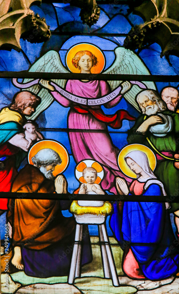 Nativity Scene at Christmas - Stained Glass in Quartier Latin, Paris, France