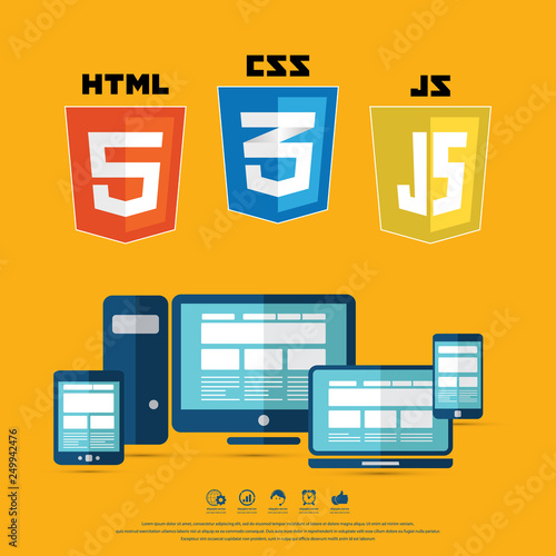 Coding and web technology shields. HTML5, CSS, Javascript. Web site development icons.