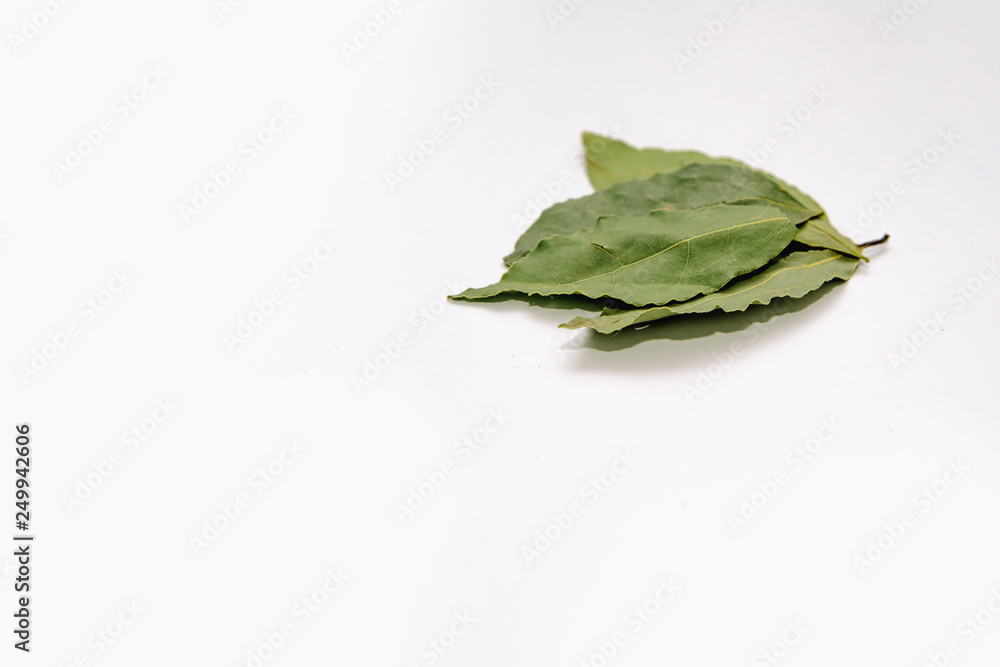 Green bay leaf on a bright white background. Bay leaves, soup seasoning lies on the white table top. Concept of eating and seasoning food. Additions to dishes. Green bay leaf on a bright white background. Bay leaves, soup seasoning lies on the white table top. Concept of eating and seasoning food. Additions to dishes.