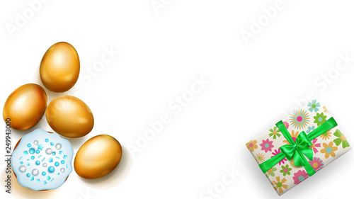 Realistic golden Easter eggs, tasty cake and beautiful gift box with bow on white background