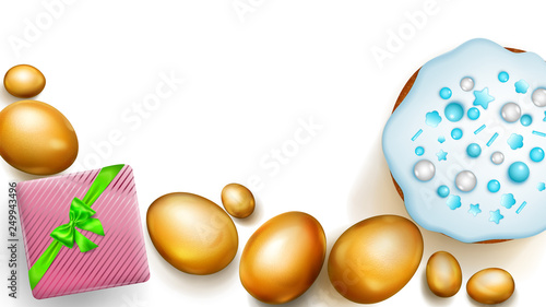 Realistic golden Easter eggs, tasty cake and beautiful gift box with bow on white background