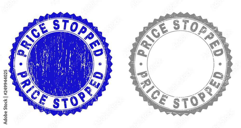 Grunge PRICE STOPPED stamp seals isolated on a white background. Rosette seals with distress texture in blue and gray colors. Vector rubber stamp imprint of PRICE STOPPED tag inside round rosette.
