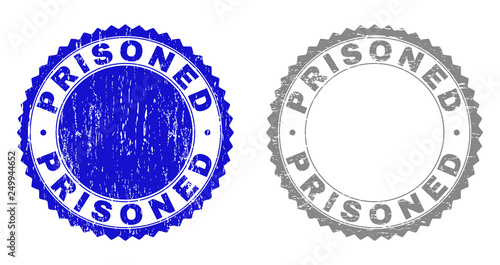 Grunge PRISONED stamp seals isolated on a white background. Rosette seals with grunge texture in blue and gray colors. Vector rubber stamp imitation of PRISONED caption inside round rosette.