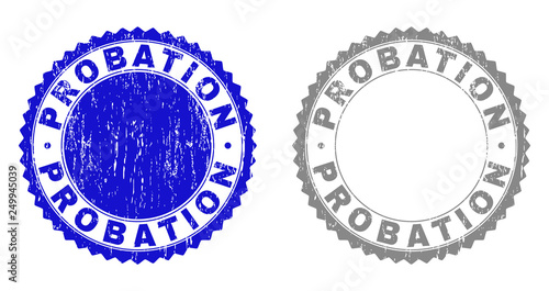 Grunge PROBATION stamp seals isolated on a white background. Rosette seals with grunge texture in blue and grey colors. Vector rubber stamp imitation of PROBATION label inside round rosette.