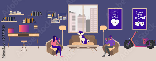 Modern interior design of Freelance WorkRoom with furniture, different constructor elements, desk, chair, couch, chair, lamp, painting, window, electric bike, dasktop, dog, man and woman at work.