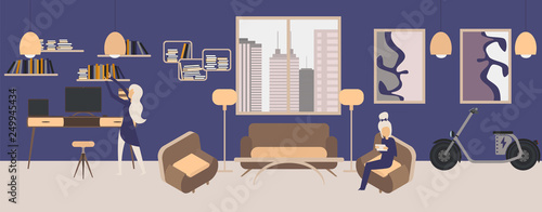Modern interior design illustration of Freelance WorkRoom with furniture, different constructor elements, desk, chair, couch, chair, lamp, painting, window, electric bike, dasktop, two girl at work.