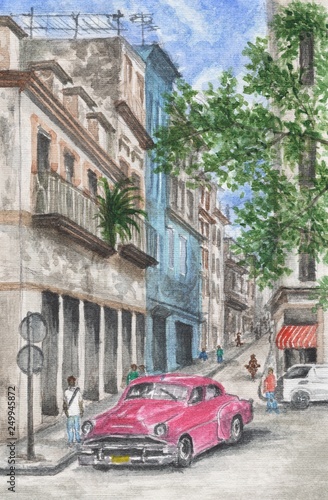 Watercolor painting - Cuba Havana street contrasts © Kamil