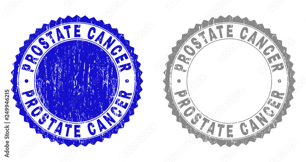 Obraz premium Grunge PROSTATE CANCER stamp seals isolated on a white background. Rosette seals with grunge texture in blue and gray colors. Vector rubber watermark of PROSTATE CANCER caption inside round rosette.
