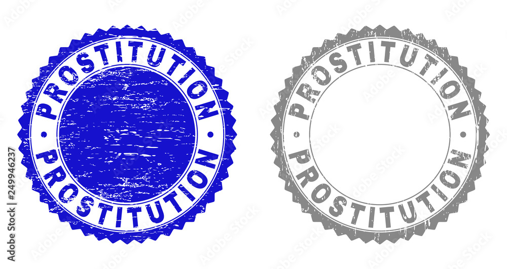 Grunge PROSTITUTION stamp seals isolated on a white background. Rosette seals with grunge texture in blue and grey colors. Vector rubber overlay of PROSTITUTION label inside round rosette.