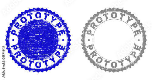 Grunge PROTOTYPE stamp seals isolated on a white background. Rosette seals with grunge texture in blue and grey colors. Vector rubber stamp imprint of PROTOTYPE caption inside round rosette.