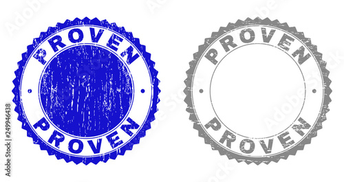 Grunge PROVEN stamp seals isolated on a white background. Rosette seals with grunge texture in blue and grey colors. Vector rubber stamp imprint of PROVEN caption inside round rosette.