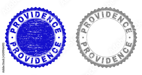 Grunge PROVIDENCE stamp seals isolated on a white background. Rosette seals with grunge texture in blue and gray colors. Vector rubber watermark of PROVIDENCE title inside round rosette.