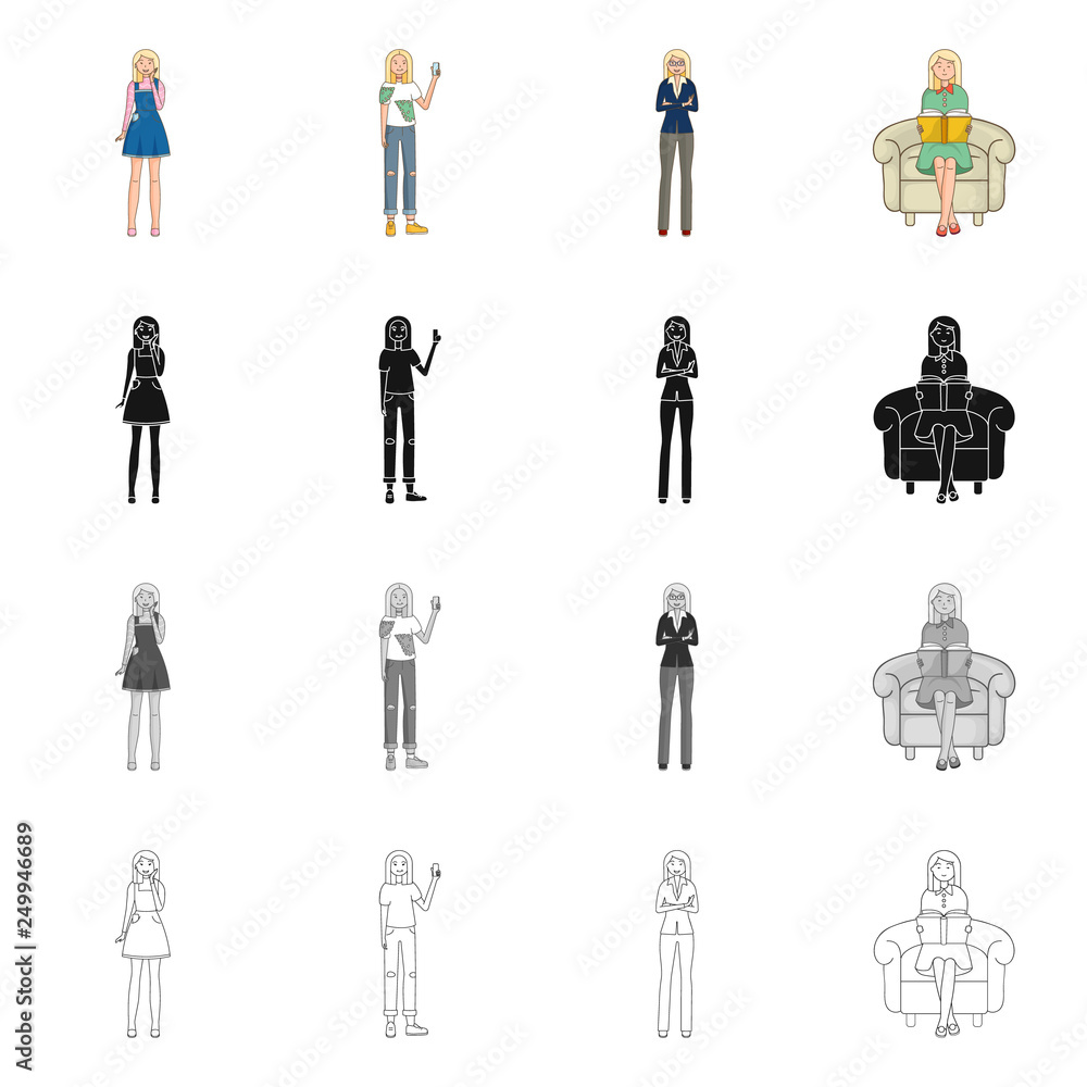 Isolated object of posture and mood symbol. Collection of posture and female stock symbol for web. Isolated object of posture and mood symbol. Collection of posture and female stock symbol for web.