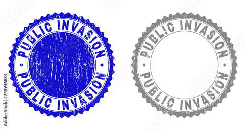 Grunge PUBLIC INVASION stamp seals isolated on a white background. Rosette seals with grunge texture in blue and gray colors.