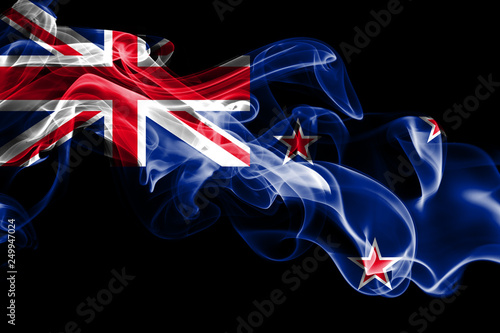 Photography National flag of New Zealand made from colored smoke isolated on black background