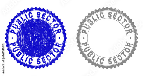 Grunge PUBLIC SECTOR stamp seals isolated on a white background. Rosette seals with grunge texture in blue and gray colors. Vector rubber stamp imprint of PUBLIC SECTOR text inside round rosette.