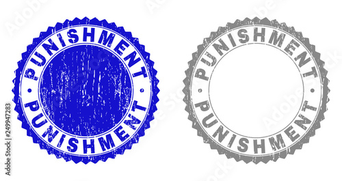 Grunge PUNISHMENT stamp seals isolated on a white background. Rosette seals with grunge texture in blue and grey colors. Vector rubber stamp imprint of PUNISHMENT caption inside round rosette.