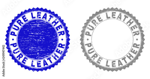Grunge PURE LEATHER stamp seals isolated on a white background. Rosette seals with grunge texture in blue and grey colors. Vector rubber stamp imitation of PURE LEATHER text inside round rosette.