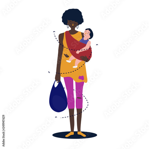 African mother the baby is hugging her to make her. Refugee woman standing poor poverty.