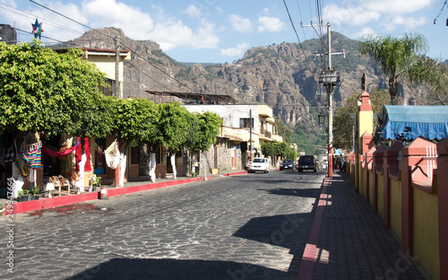 A cobblestone street in Tepoztlan, Morelos, Mexico. photo