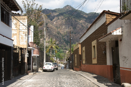 A cobblestone street in Tepoztlan, Morelos, Mexico.