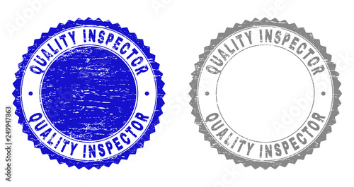 Grunge QUALITY INSPECTOR stamp seals isolated on a white background. Rosette seals with grunge texture in blue and grey colors.